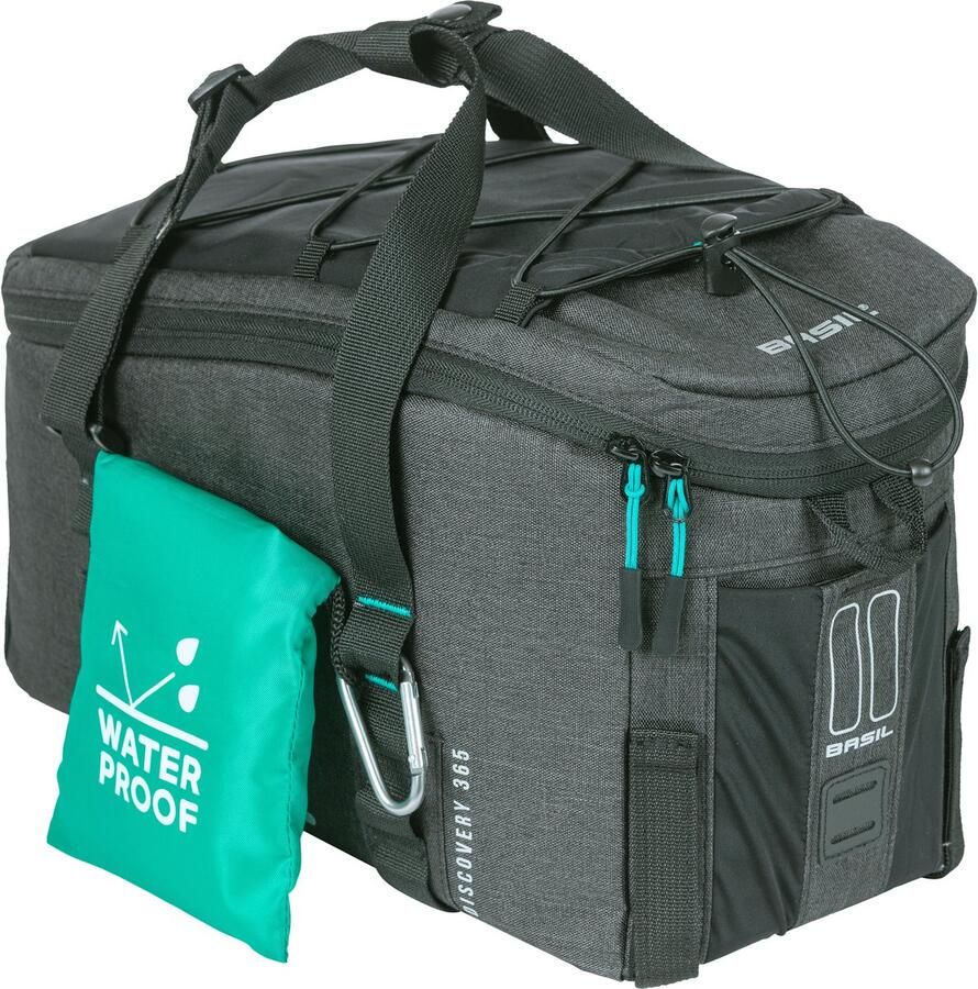 Basil Discovery 365D Bagagedragertas M – 9L – Zwart Mêlée – Waterafstotend – Met Regenhoes & Schouderband – Sportief & Compact – Voor E-bike