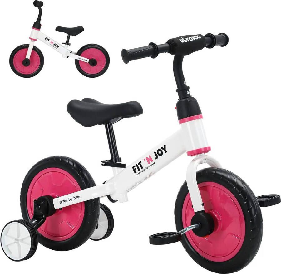 BBV 4 in 1 Kinderfietsen Kinderfiets 12 inch Loopfiets Zeiwieltjes Roze wit Tot 30KG 63x76x37cm