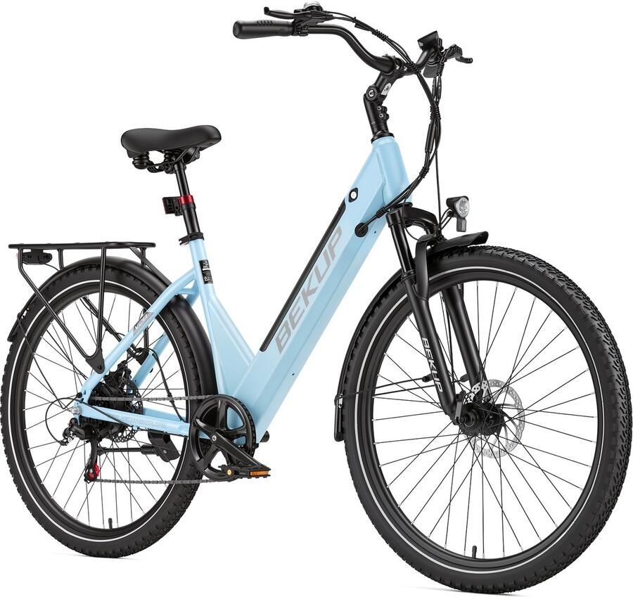 Bekup 28 inch Elektrische stadsfiets Comfortabele stadsfiets 522Wh lange actieradius accu 250W achterwielmotor 45Nm koppel Shi o 7 versnellingen Schijfrem voor en achter LCD-display Geveerde zadelpen Blauw