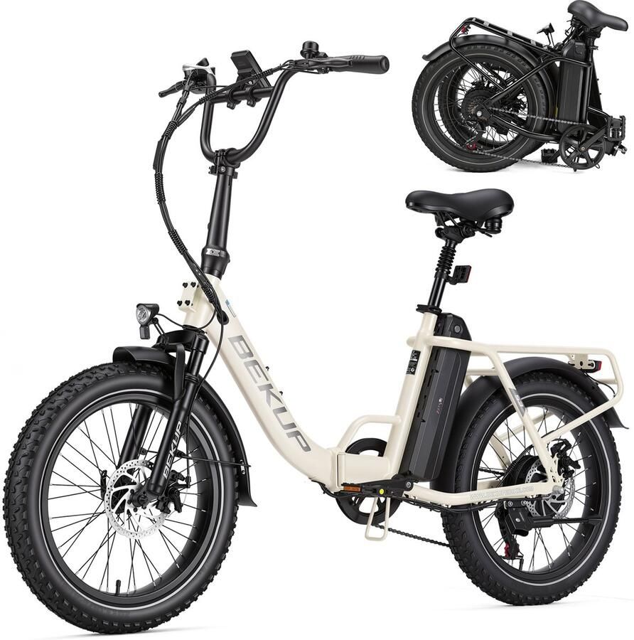 Bekup Elektrische Vouwfiets 20 Inch E-bike voor Volwassenen 720Wh Accu Tot 75 km Bereik 250W Achterwielmotor Shi o 7 Versnellingen Lage Instap Beige