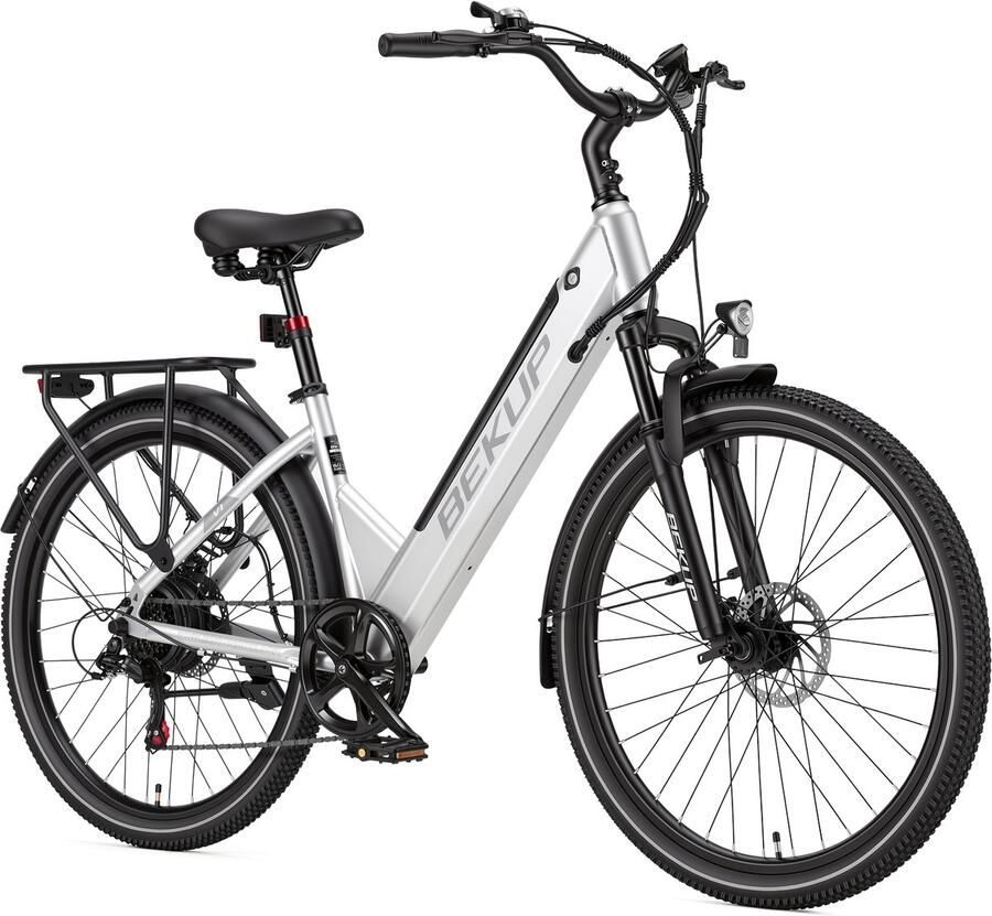 Bekup V1 26 inch elektrische lage instap fiets Comfortabele stadsfiets 36V 14 5Ah accu 250W achterwielmotor Actieradius tot 75 km Shi o 7 versnellingen Verende voorvork Geveerde zadelpen Zilverwit