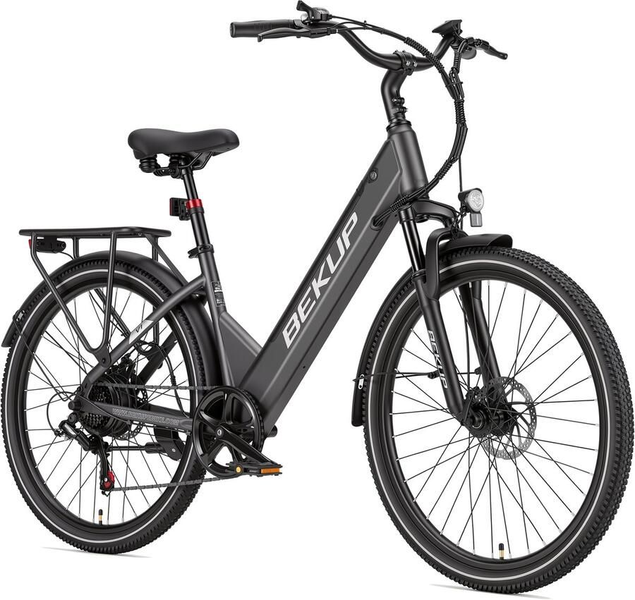 Bekup V1 26 inch elektrische lage instap fiets Comfortabele stadsfiets 36V 14 5Ah accu 250W achterwielmotor Actieradius tot 75 km Shi o 7 versnellingen Verende voorvork Geveerde zadelpen Titaangrijs