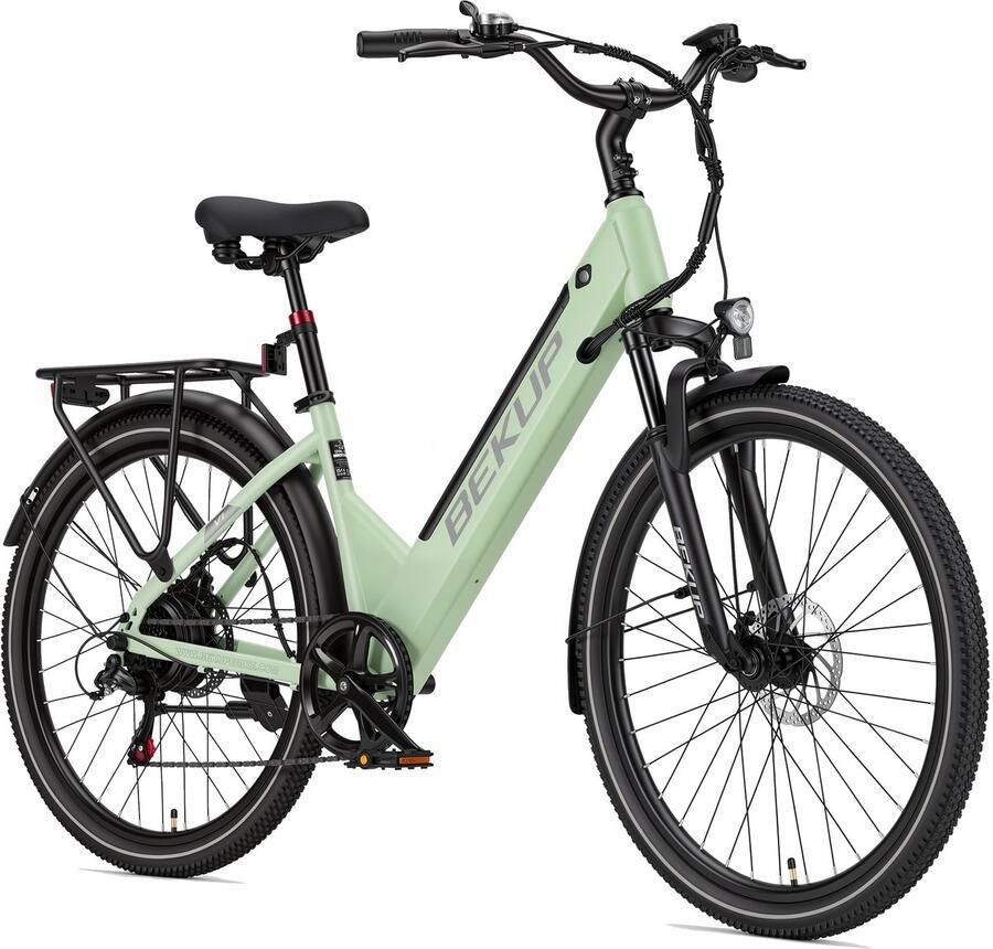 Bekup V1 26 inch elektrische lage instap fiets Comfortabele stadsfiets 36V 14 5Ah accu 250W achterwielmotor Actieradius tot 75 km Shi o 7 versnellingen Verende voorvork Geveerde zadelpen Pistachegroen