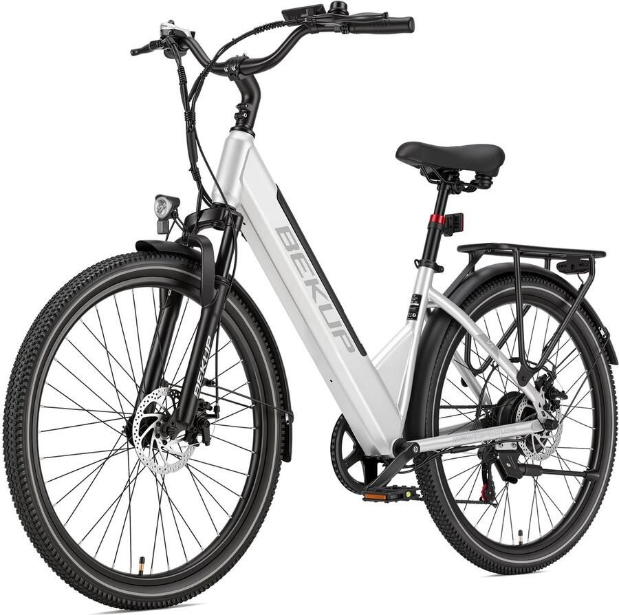 Bekup V1 Elektrische stadsfiets 26 inch lage instap 522Wh lange actieradius accu 250W achterwielmotor 45Nm koppel Shi o 7 versnellingen Schijfrem voor en achter LCD-display Geveerde zadelpen Zilverwit