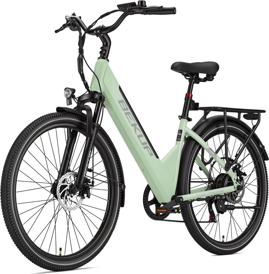 Bekup V1 Elektrische stadsfiets 26 inch lage instap 522Wh lange actieradius accu 250W achterwielmotor 45Nm koppel Shi o 7 versnellingen Schijfrem voor en achter LCD-display Geveerde zadelpen Pistachegroen