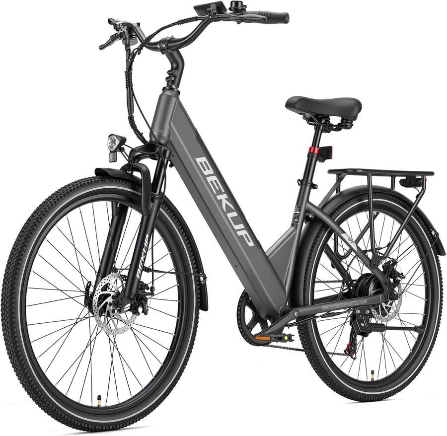 Bekup V1 Elektrische stadsfiets 26 inch lage instap 522Wh lange actieradius accu 250W achterwielmotor 45Nm koppel Shi o 7 versnellingen Schijfrem voor en achter LCD-display Geveerde zadelpen Titaangrijs