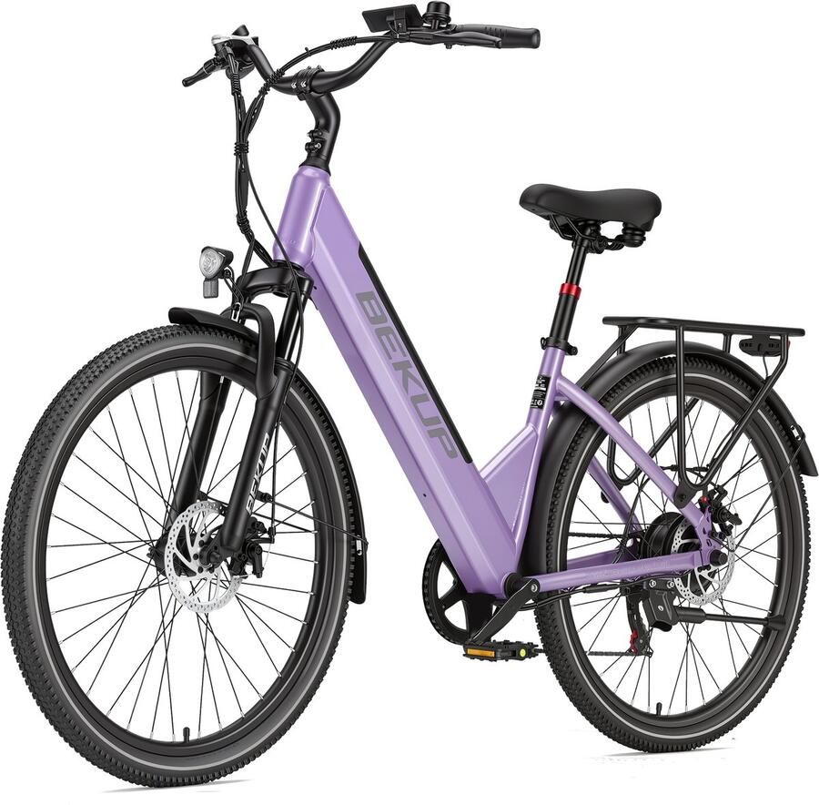 Bekup V1 Elektrische stadsfiets voor woon-werkverkeer 26 inch 250W achterwielmotor 45Nm hoog koppel 522Wh lithium accu Actieradius tot 75 km Lage instap frame Schijfrem LCD-display Geveerde zadelpen Avondroze
