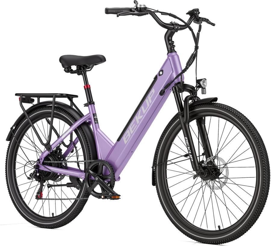 Bekup V1 Elektrische stadsfiets voor woon-werkverkeer 26 inch 250W achterwielmotor 45Nm hoog koppel 522Wh lithium accu Actieradius tot 75 km Lage instap frame Schijfrem LCD-display Geveerde zadelpen Avondroze