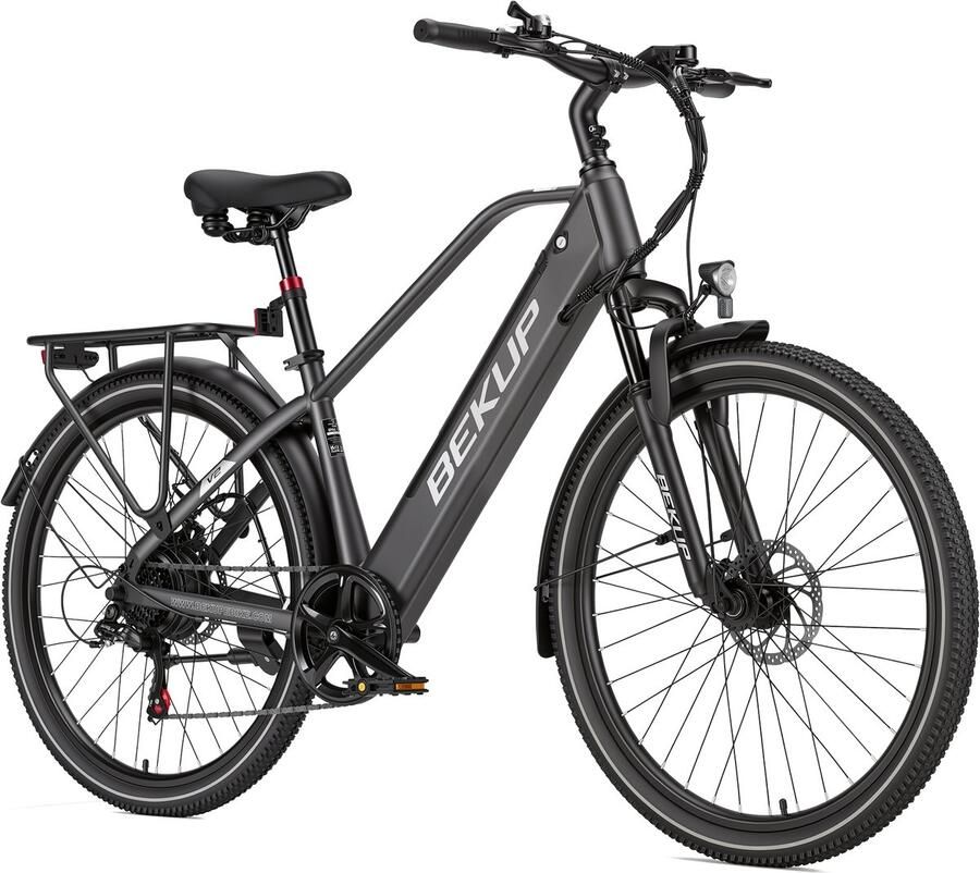 Bekup V2 Elektrische stadsfiets 26 inch frame met hoge instap 36V 14 5Ah accu met lange actieradius 250W achterwielmotor 45Nm koppel Shi o 7 versnellingen Voor- en achter schijfrem LCD-display Titaangrijs