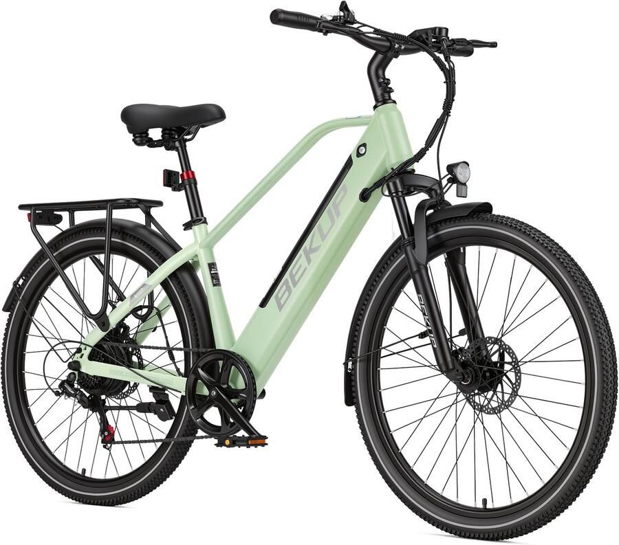 Bekup V2 Elektrische stadsfiets 26 inch frame met hoge instap 36V 14 5Ah accu met lange actieradius 250W achterwielmotor 45Nm koppel Shi o 7 versnellingen Voor- en achter schijfrem LCD-display Pistachegroen