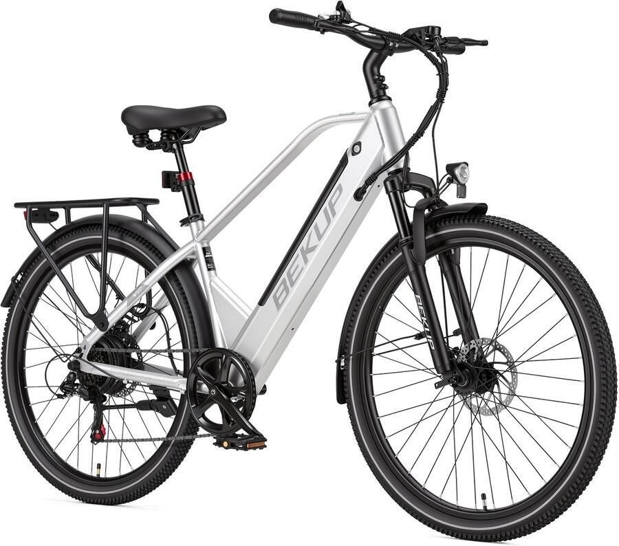 Bekup V2 Elektrische stadsfiets 26 inch frame met hoge instap 36V 14 5Ah accu met lange actieradius 250W achterwielmotor 45Nm koppel Shi o 7 versnellingen Voor- en achter schijfrem LCD-display Zilverwit