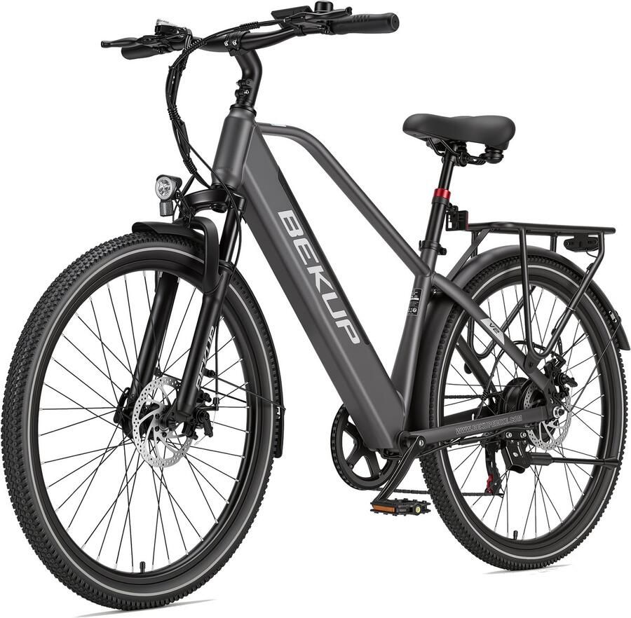 Bekup V2 Elektrische stadsfiets 26 inch Hoge instap frame Krachtige 250W achterwielmotor 45Nm ondersteuning Lange afstand accu Shi o 7-speed LCD-display Comfortabel dagelijks gebruik Titaangrijs