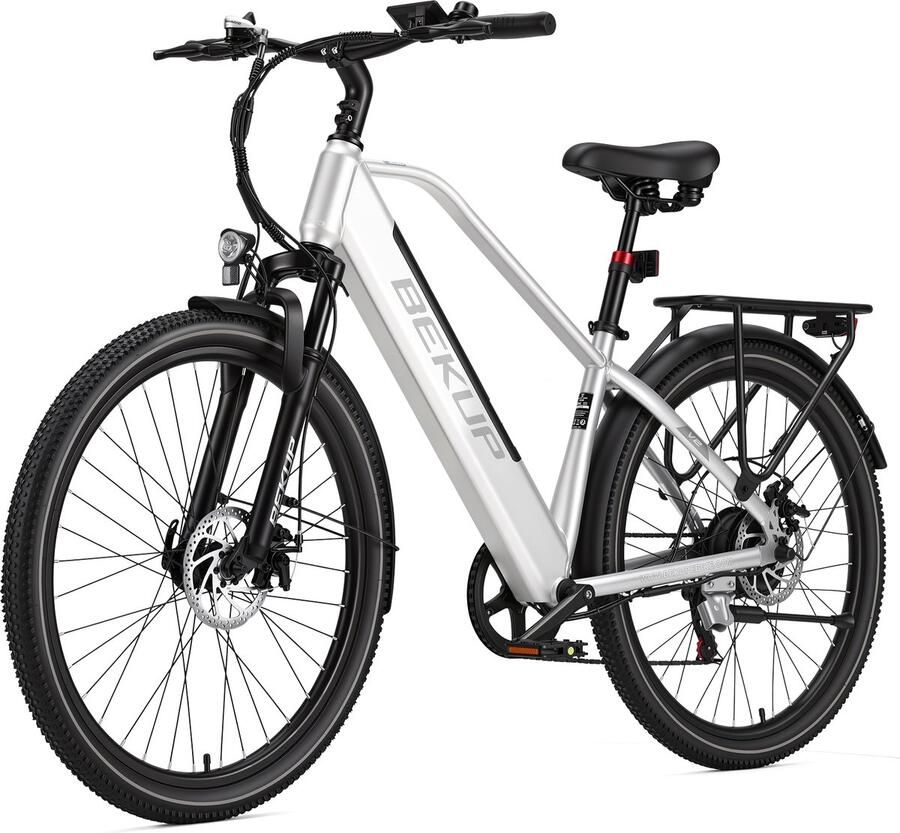 Bekup V2 Elektrische stadsfiets 26 inch Hoge instap frame Krachtige 250W achterwielmotor 45Nm ondersteuning Lange afstand accu Shi o 7-speed LCD-display Comfortabel dagelijks gebruik Zilverwit