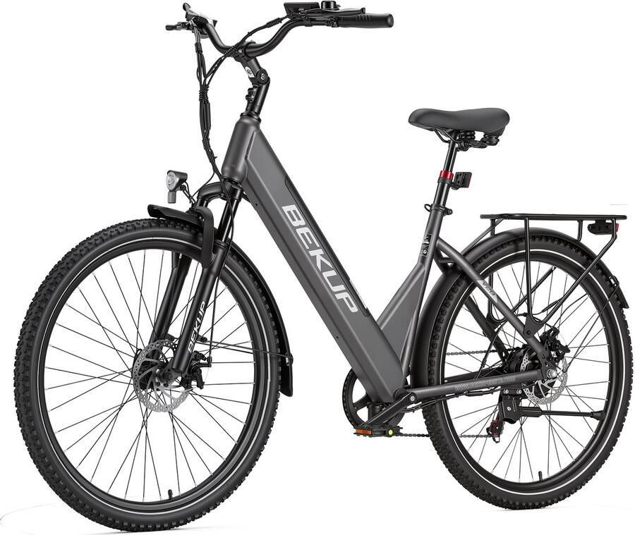 Bekup Elektrische Stadsfiets 28 inch Comfort Lage Instap 75 km Actieradius 250W Achterwielmotor Mechanische Schijfrem Titaangrijs