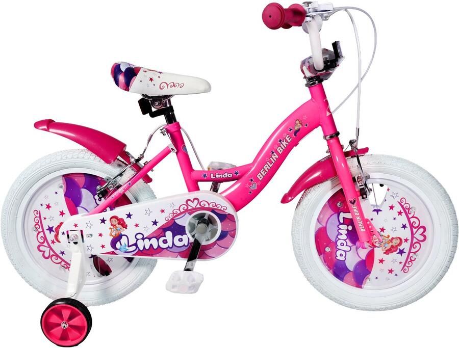 Berlin Bike Linda meisjesfiets 16 inch roze – zeemeermin – kinderfiets met zijwieltjes voor 4- 5- en 6-jarige kinderen – fiets 16 inch