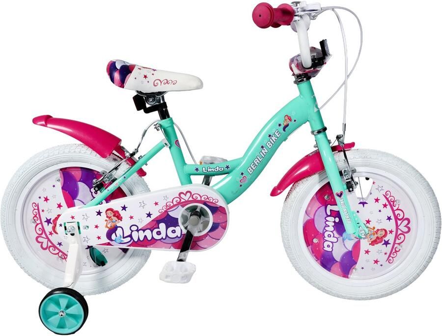 Berlin Bike Linda meisjesfiets 16 inch turquoise – zeemeermin – kinderfiets met zijwieltjes voor 4- 5- en 6-jarige kinderen – fiets 16 inch
