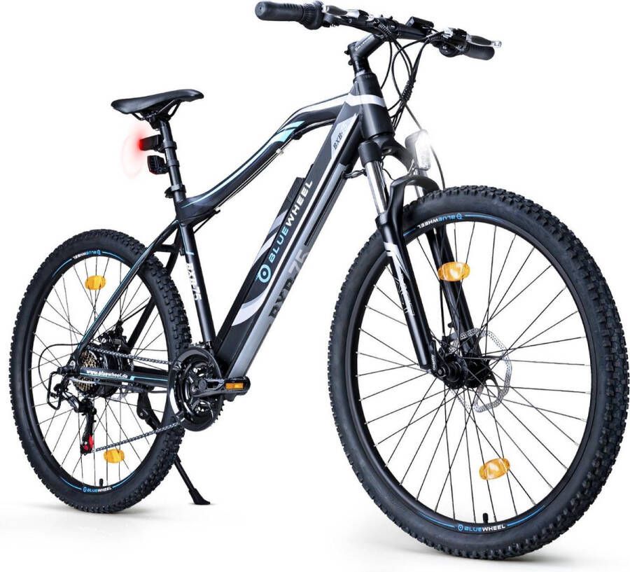 Bluewheel e bike 27 5“ & 29“ I Duits kwaliteitsmerk | EU conform E mountainbike 21 versnellingen & achterwielmotor voor 25 km h | Fiets met MTB verende voorvork app LED licht & sportzadel | BXB75 e bike