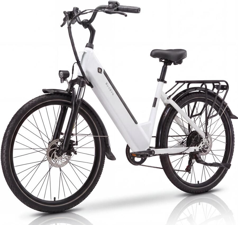 BUOEYA 26 Elektrische Fiets – 250W Motor – 36V 20Ah Accu – 120 km Bereik – Shi o 7s – Stadsfiets voor en Heren- Mechanische Schijfrem – Wit