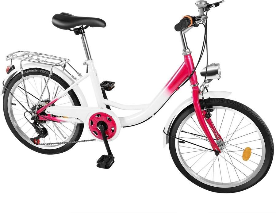 Corenia Kinderfiets – 20-Inch Fiets – Stadsfiets – Comfortfiets – Damesfiets – 6 Versnellingen – Koolstofstaal Frame Roze