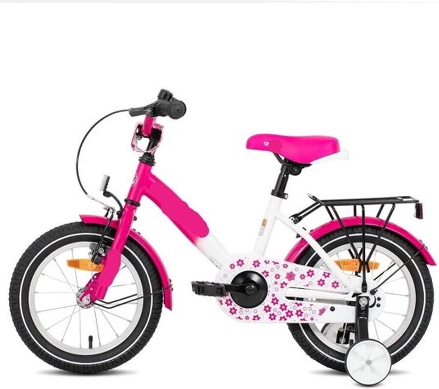 Corenia Kinderfiets Loopfiets Kleuterfiets met Zijwielen Inclusief Bel & Achterrek Leuke Fiets voor en van 2-7 Jaar 14inch Metaal Roze