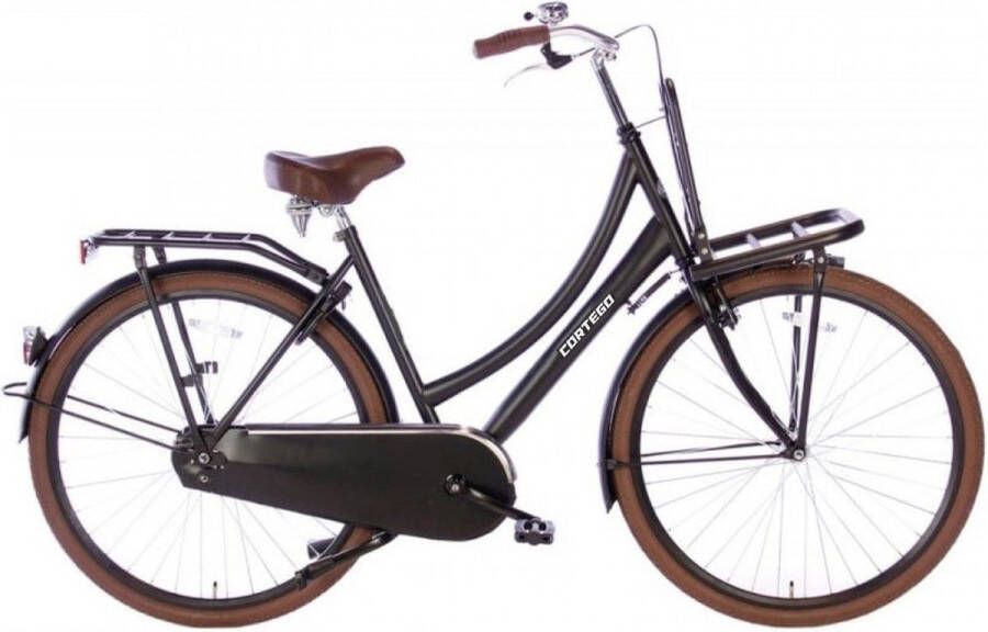 Cortego Cargo Damesfiets 28 Inch Mat-Zwart Stadsfiets Transportfiets Uitgevoerd met een handrem en terugtraprem