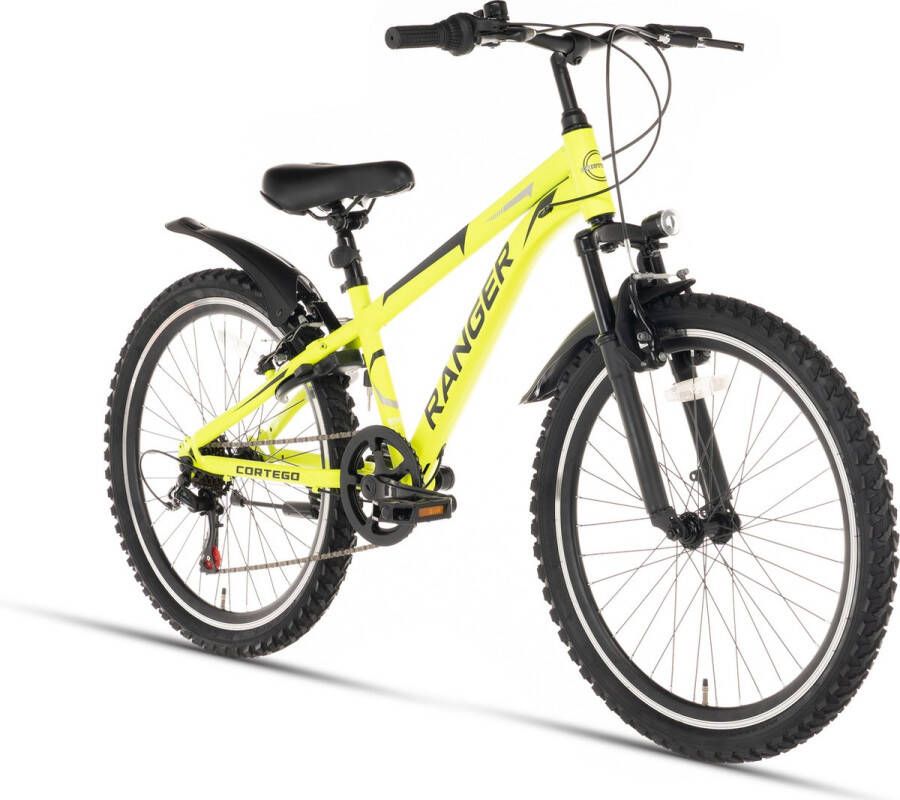 Cortego Ranger Jongensfiets 24 inch Fluogeel 7 Versnellingen Kinderfiets Mountainbike inclusief spatborden