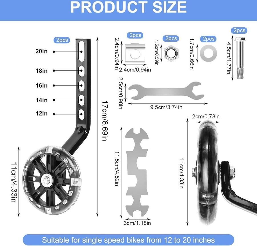 Cosensi Universele Fietssteunwielen voor Kinderfiets Verstelbare Veiligheidssteunwielen Mute Flash Wielen 12-20 Inch Enkelsnelheidsfiets