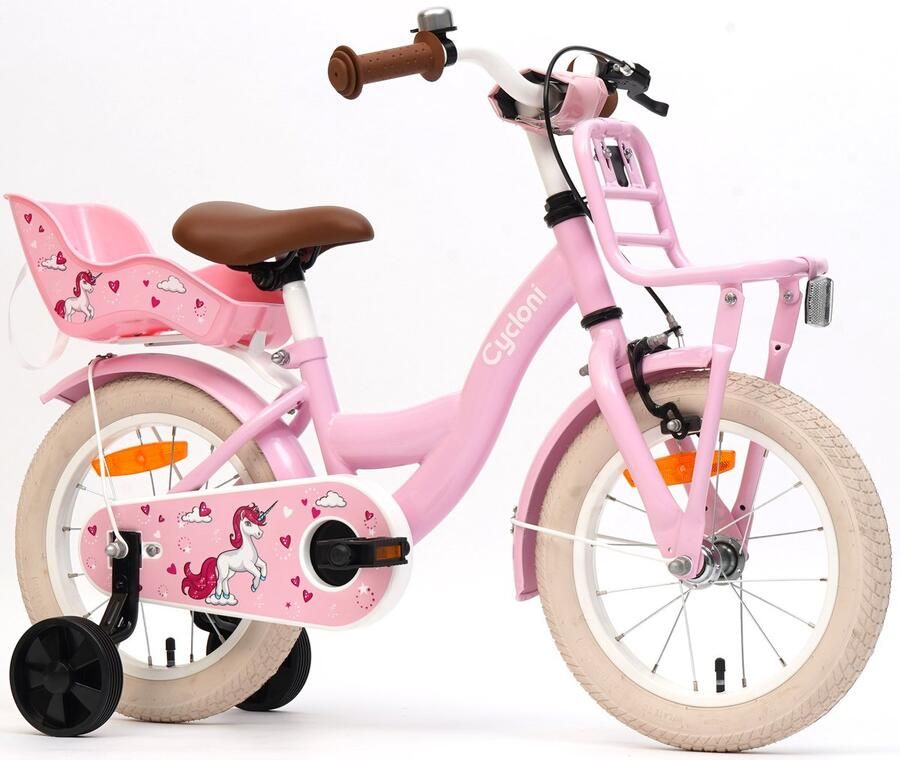 Cycloni Kinderfiets 14 inch Meisjesfiets Roze met Zitje Inclusief Zijwieltjes Voor 3 4 & 5 jaar