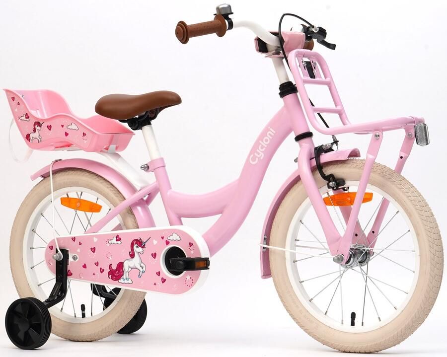 Cycloni Kinderfiets 16 inch Meisjesfiets Roze met Zitje Inclusief Zijwieltjes Voor 4 5 & 6 jaar