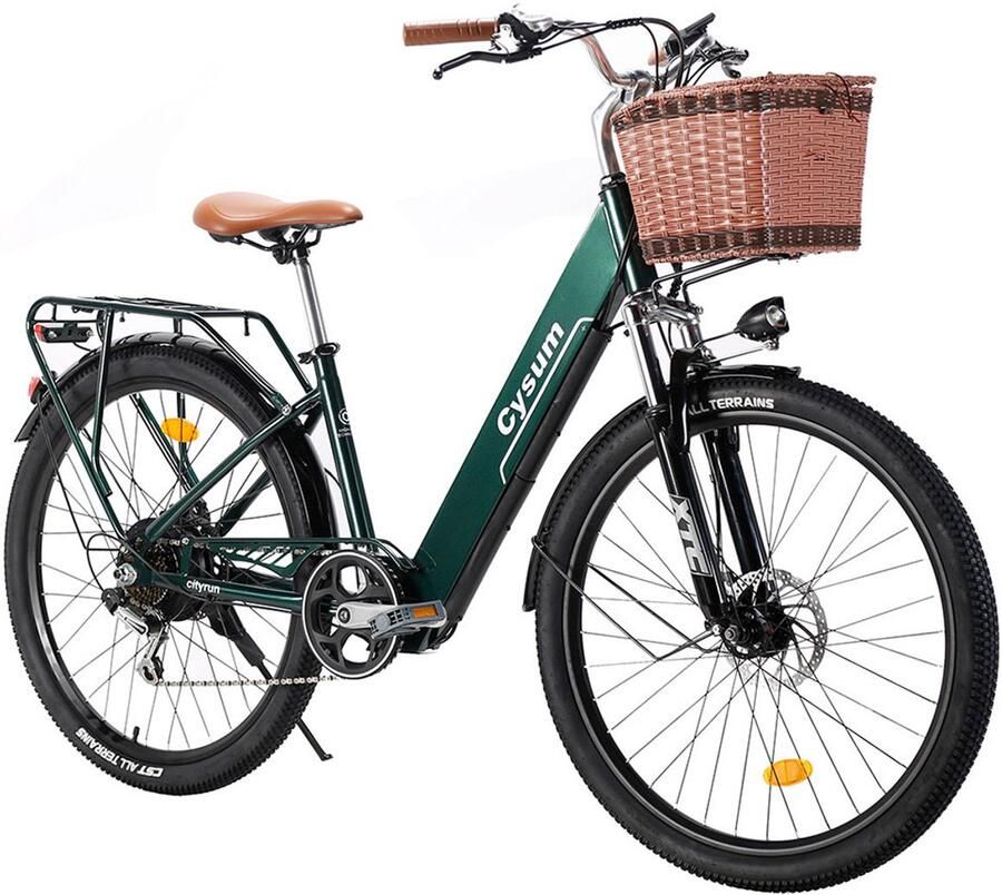 Cysum Cityrun Elektrische Fiets 250W Motor 36V10Ah Accu Max Snelheid 25km u 26 Inch Banden Max Bereik 60km Shi o 7 Versnellingen Groen