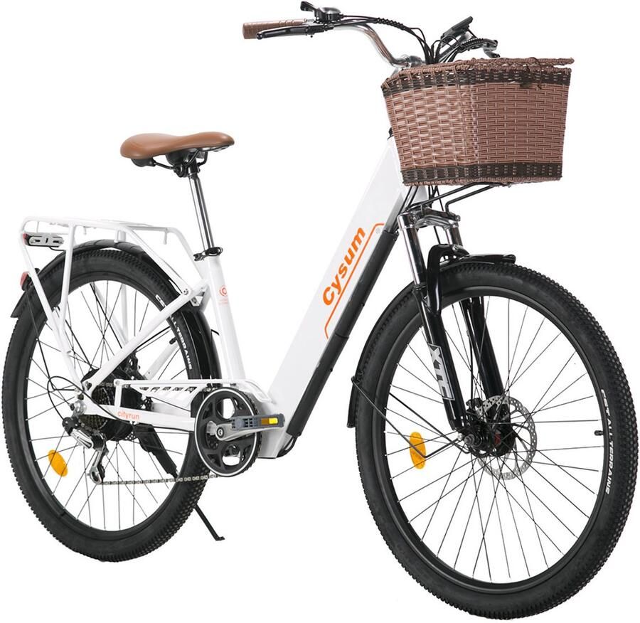 Cysum Cityrun Elektrische Fiets 250W Motor 36V10Ah Accu Max Snelheid 25km u 26 Inch Banden Max Bereik 60km Shi o 7 Versnellingen Wit