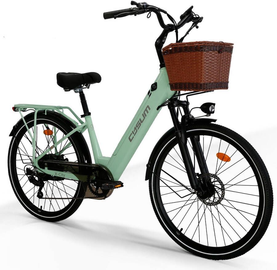 Cysum X-City Elektrische Fiets 48V 10.4Ah accu tot 100 km Actieradius 250W Achterwielmotor -Shi o 7-speed met bagagedrager & d Elektrische Stadsfiets groen