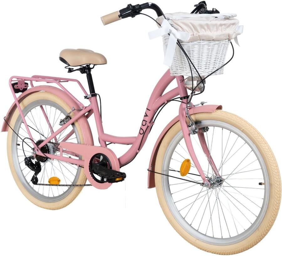 Davi Amelia – Kinderfiets – 24 inch – 7 versnellingen – Shimano – V-brake – 130-165 cm – Roze Creme – Meisje