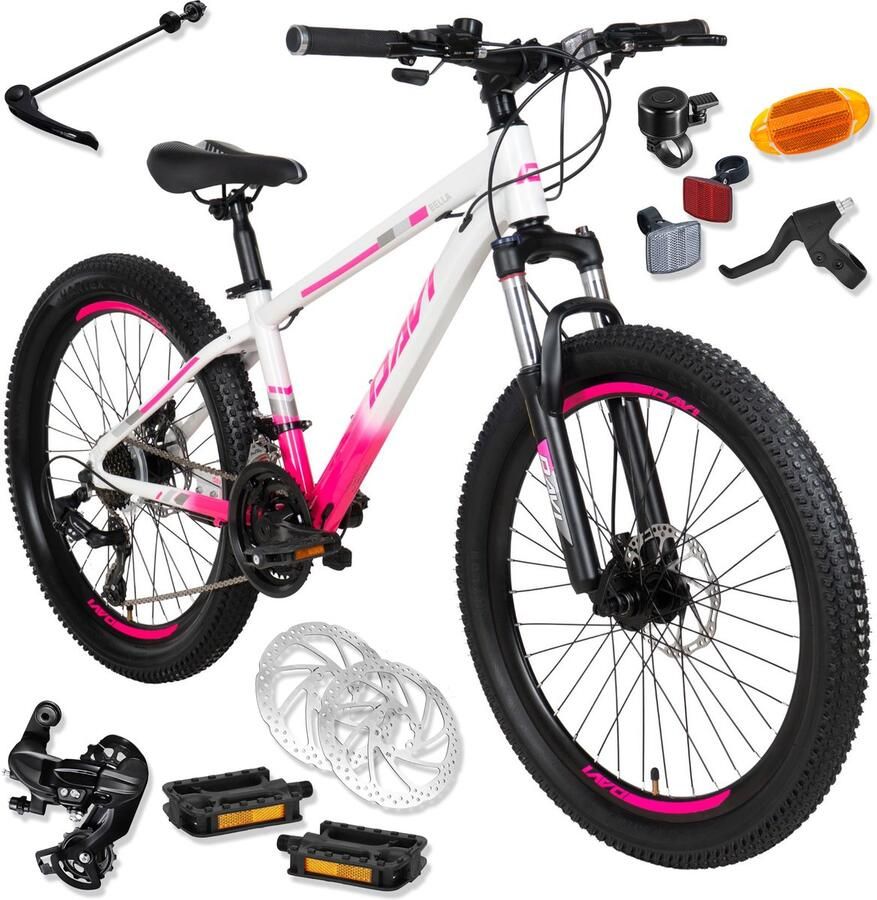 Davi Bella – Kinderfiets – 24 inch – 21 versnellingen – Shimano – Schijfremmen – 130-160 cm – Roze Wit – Meisje