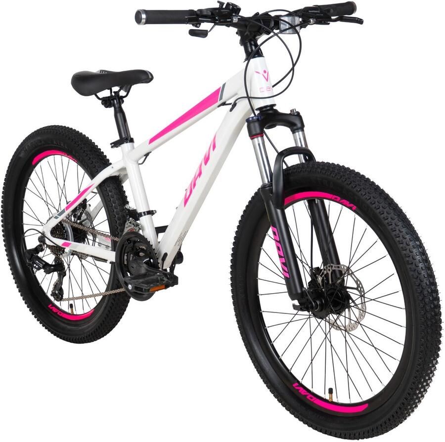 Davi Bella – Kinderfiets – 24 inch – 21 versnellingen – Shimano – Schijfremmen – 130-160 cm – Wit Roze – Meisje