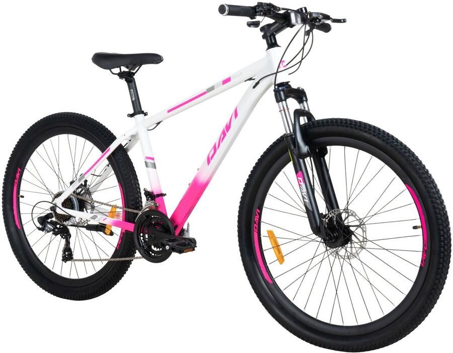 Davi Bella – Mountainbike – 27 inch – 21 versnellingen – Aluminium frame – Schijfremmen – Voorvork met vering – Shimano – Roze Wit