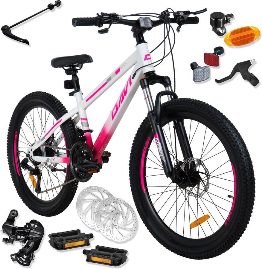 Davi Bonita – Kinderfiets – 24 inch – 21 versnellingen – Schijfremmen – 130-160 cm – Roze – Meisje