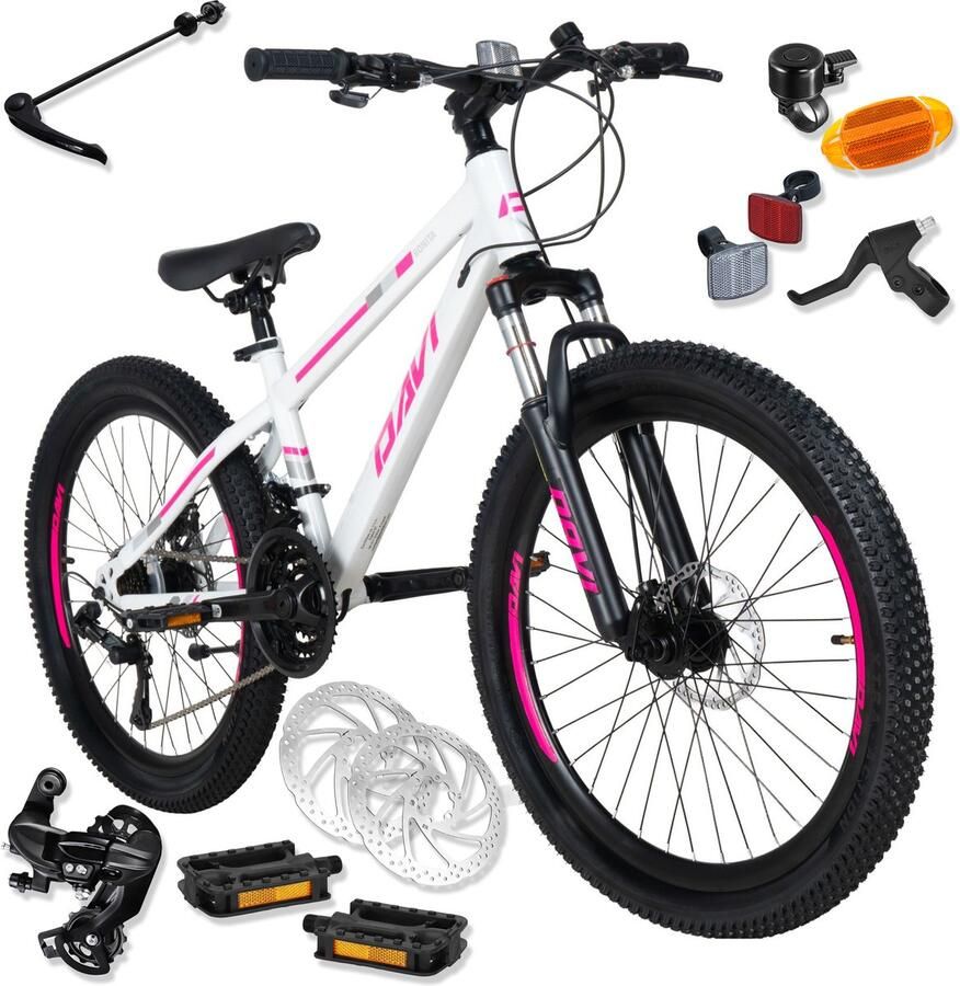 Davi Bonita – Kinderfiets – 24 inch – 21 versnellingen – Schijfremmen – 130-160 cm – Wit Roze – Meisje