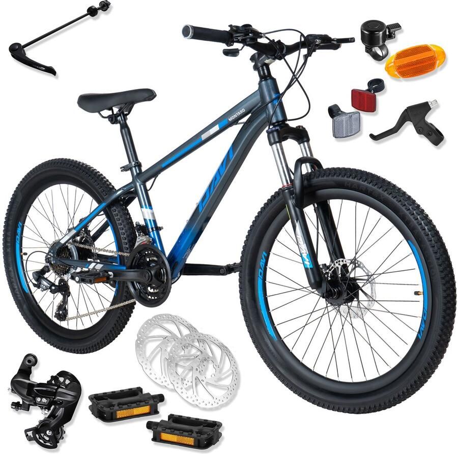Davi Montaro – Kinderfiets – 24 inch – 21 versnellingen – Shimano – Schijfremmen – 130-160 cm – Grijs Blauw – Jongen - Foto 1