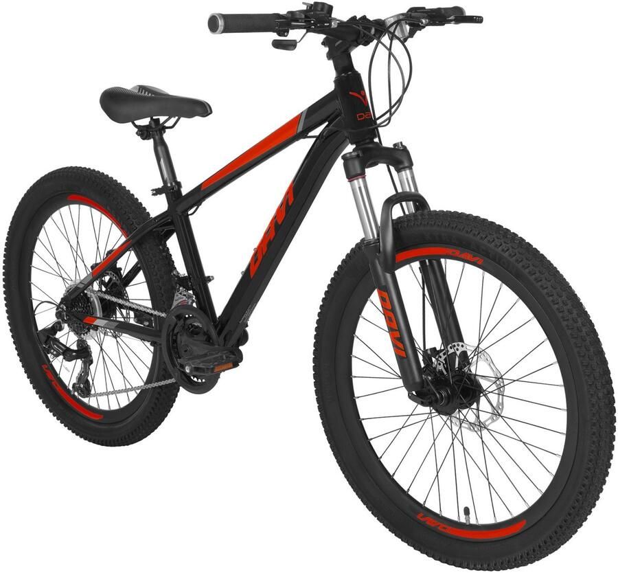 Davi Montaro – Kinderfiets – 24 inch – 21 versnellingen – Shimano – Schijfremmen – 130-160 cm – Rood Zwart – Jongen