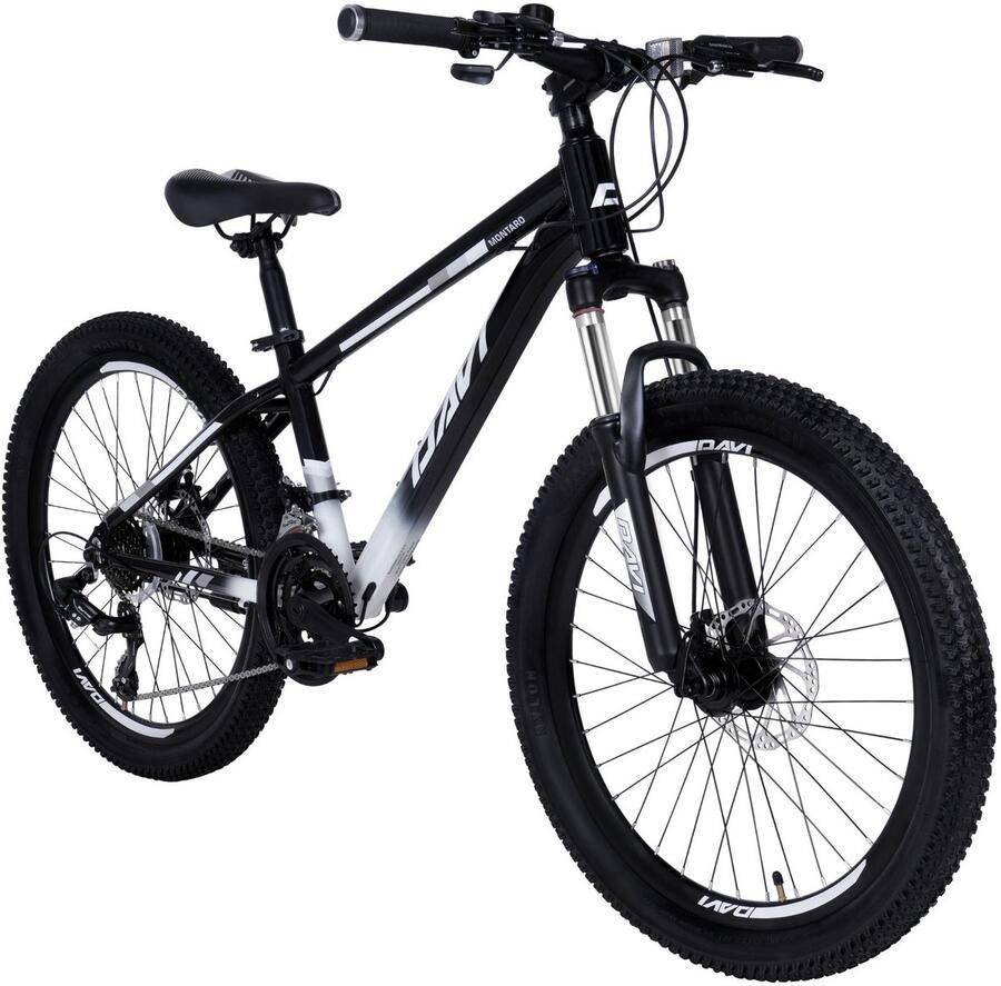 Davi Montaro – Kinderfiets – 24 inch – 21 versnellingen – Shimano – Schijfremmen – 130-160 cm – Zwart Wit – Jongen