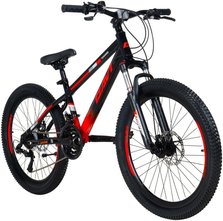 Davi Terrano – Kinderfiets – 24 inch – 21 versnellingen – Schijfremmen – 130-160 cm – Rood Zwart – Jongen