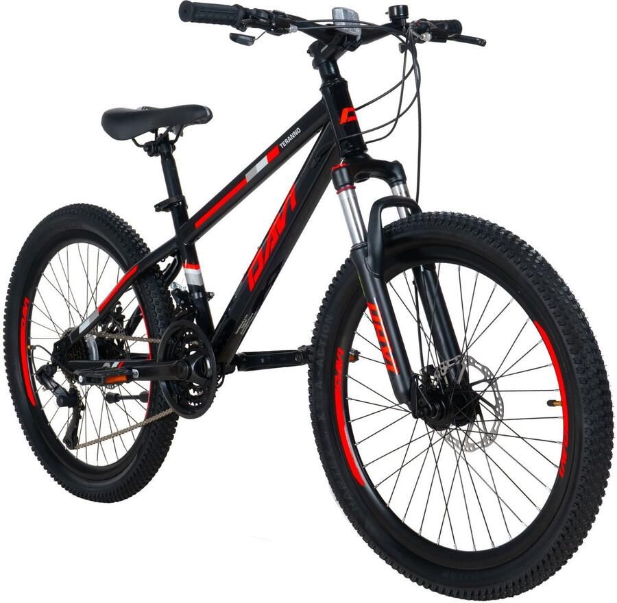 Davi Terrano – Kinderfiets – 24 inch – 21 versnellingen – Schijfremmen – 130-160 cm – Zwart Rood – Jongen