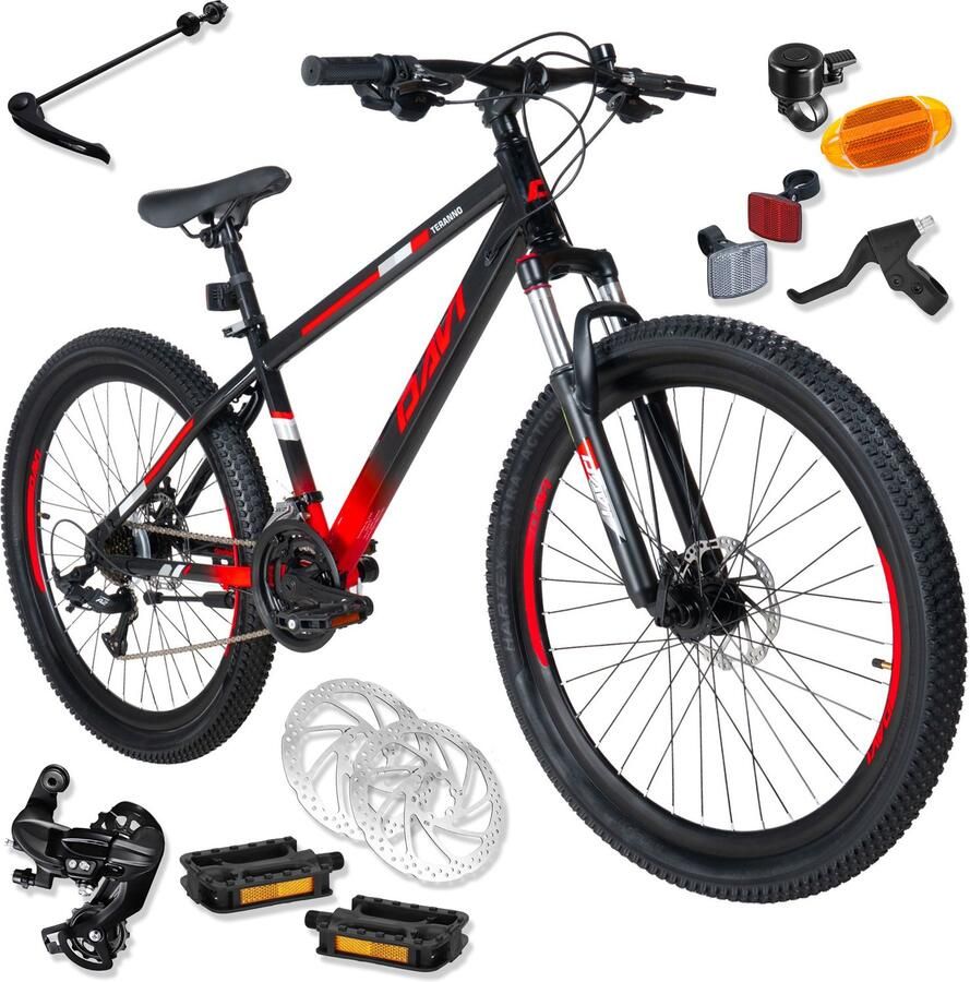 Davi Terrano – Mountainbike – 26 inch – 21 versnellingen – Schijfremmen – Voorvork met vering – Rood Zwart