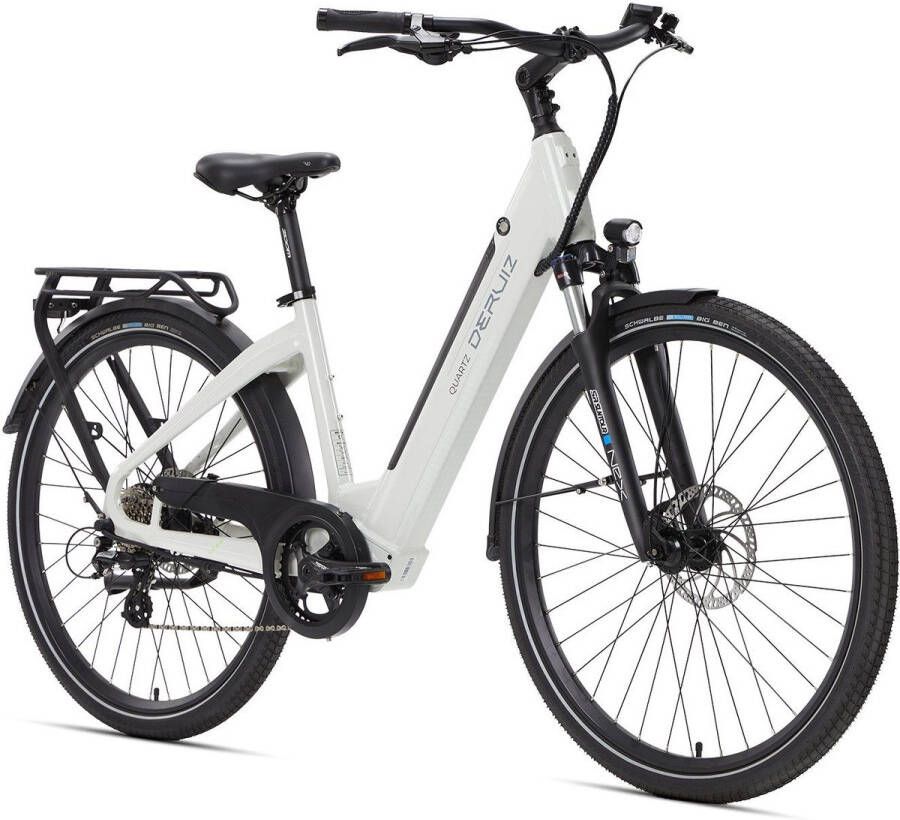 DERUIZ Elektrische Fiets Quartz Elektrische Stadsfiets -161 km Actieradius 644Wh 28 inch Shi o 8 Versnellingen Vering Verwijderbare Accu App & Bluetooth LCD Display Wit