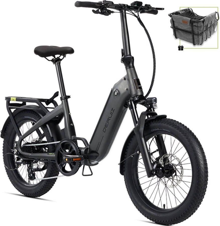 DERUIZ Peridot-elektrische fietsen vouwfiets voor dames en heren-elektrische fiets met 20 inch Banden-8-speed Shimano derailleurbak-kettingversnelling-48V 10.4Ah batterij-fatbike-opvouwbare E-bike-grijs
