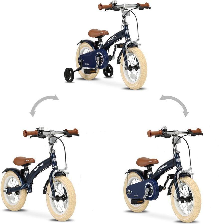 Deryan Luxe Kinderfiets 12 inch 3 in 1 loopfiets Blauw