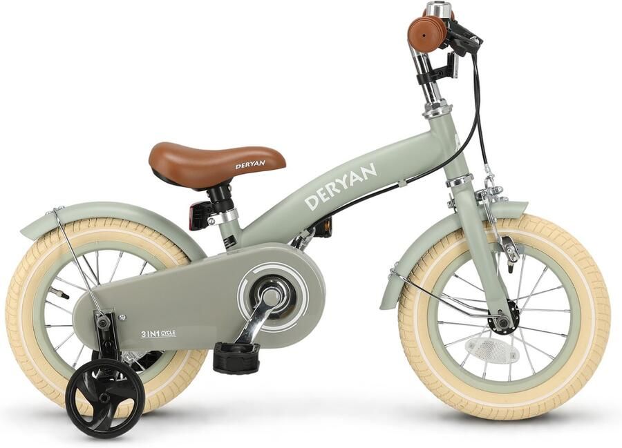 Deryan Luxe Kinderfiets 12 inch 3 in 1 loopfiets Groen