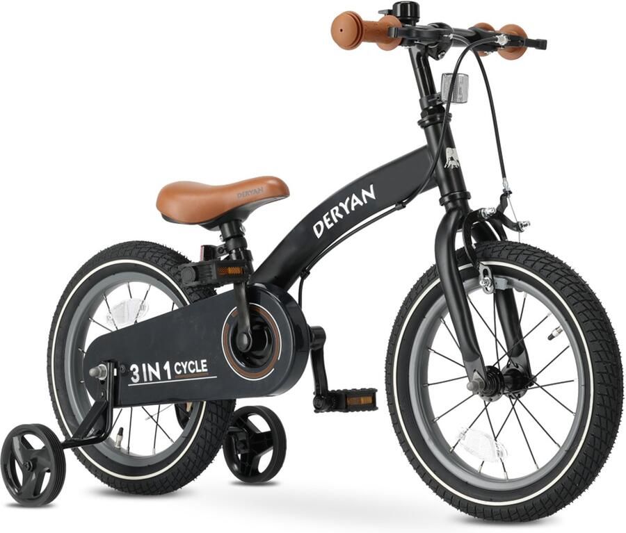 Deryan Luxe Kinderfiets 12 inch 3 in 1 loopfiets Zwart