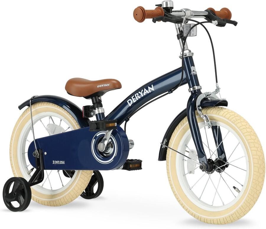 Deryan Luxe Kinderfiets 14 inch 3 in 1 loopfiets Blauw